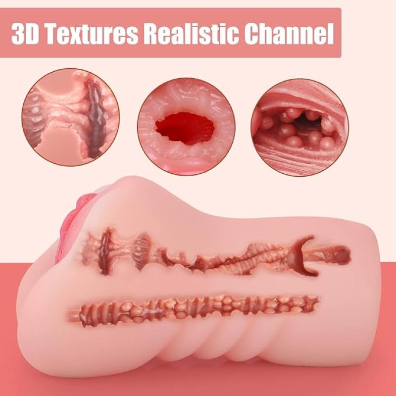 كس اصتناعي واقعي للرجال - قناتان داخليتان مع فتحة شرجية من مادة TPE